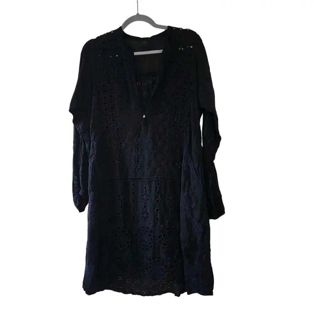 Johnny Was Embroidered Floral Eyelet Patchwork Dress black goth M tunic coastal - Picture 9 of 12